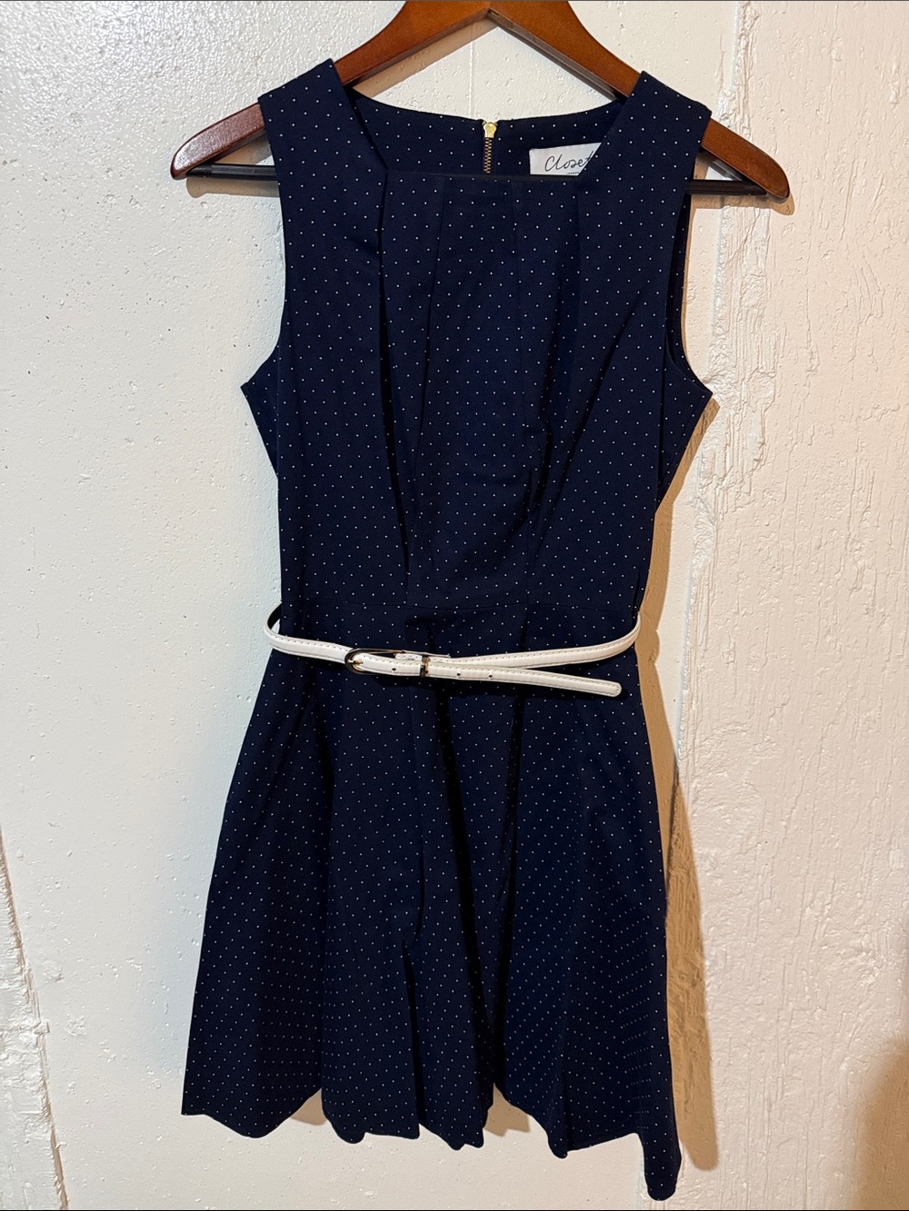 Modcloth Navy Polka Dot Sleeveless Fit-and-Flare Dress with White Belt
